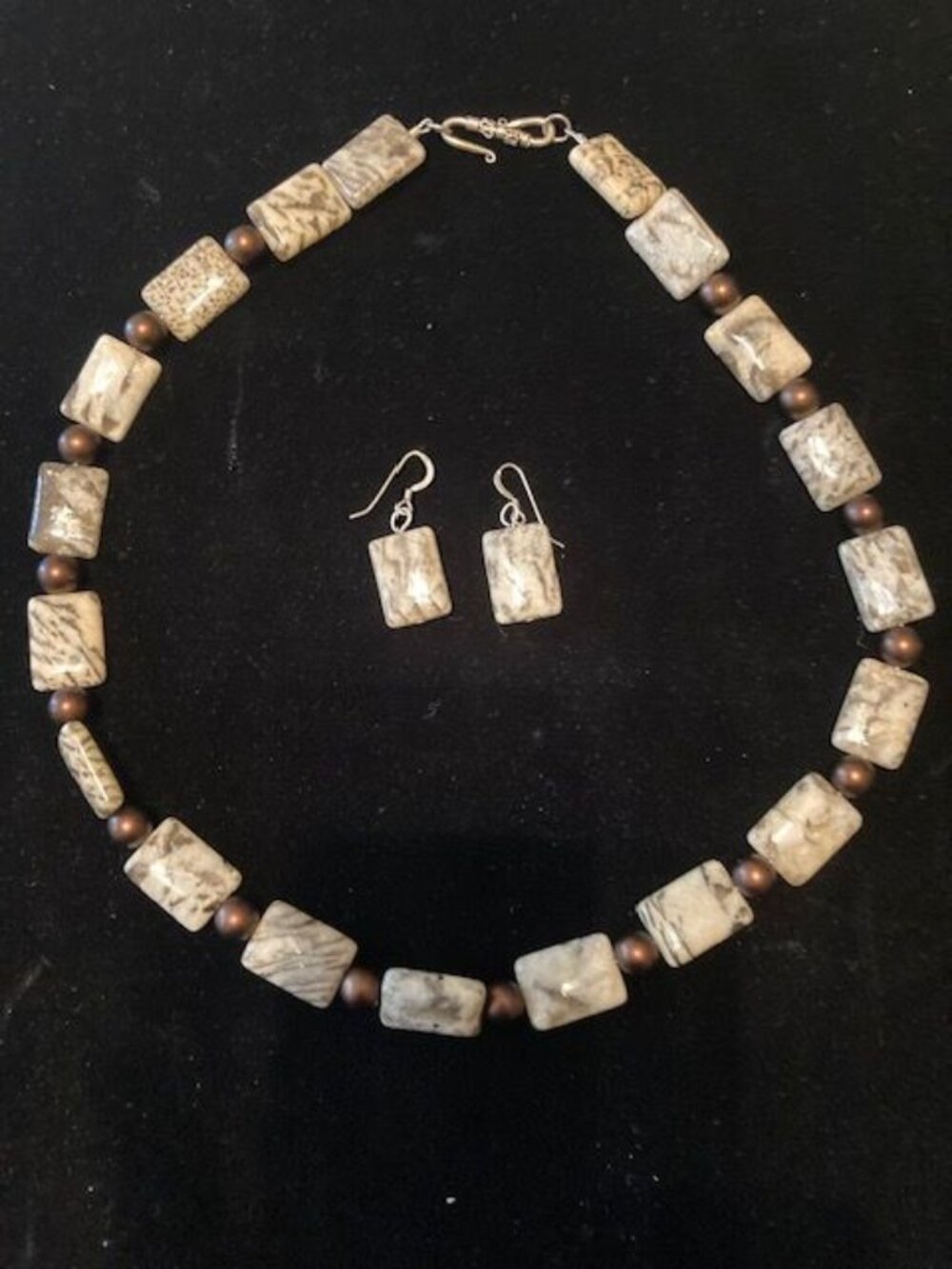 Beige and Gray Stone Necklace and Earring Set